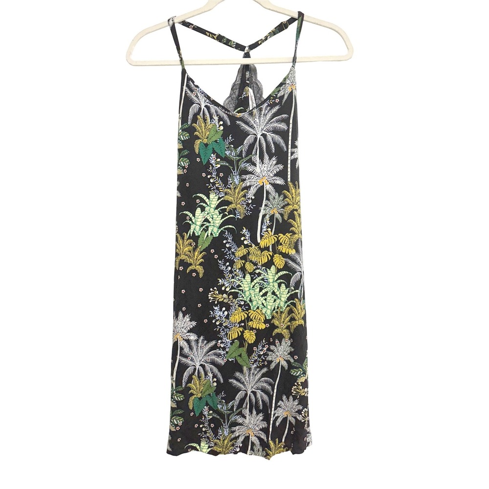 Soma Cool Nights Tropical Palm Lace Back Black Chemise Nightgown Medium